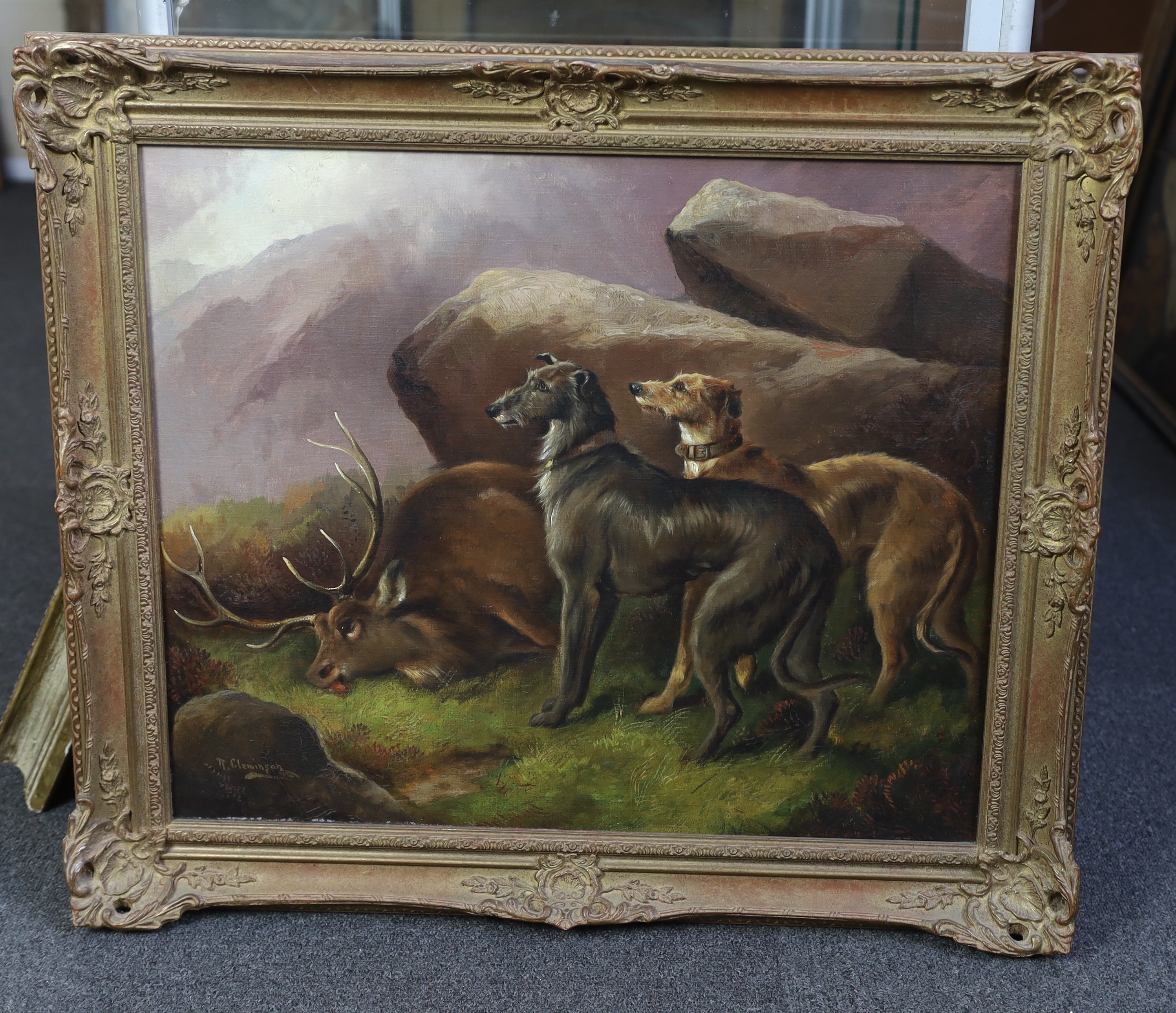 Robert Cleminson (British, 1864-1903), Deerhounds beside a stag, oil on canvas, 49 x 59cm
